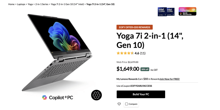 Lenovo: Yoga 7i 2-in-1 (14″, Gen 10) – 38% Off – $1,649 + $50 Rewards